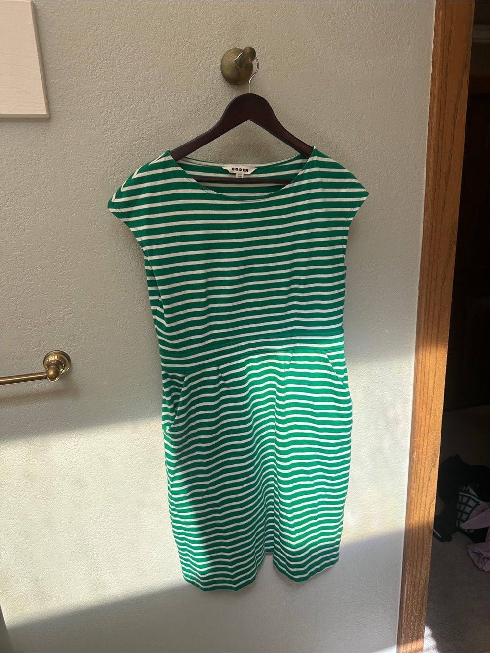 Boden Green and White Striped Cap-Sleeve Sheath Dress